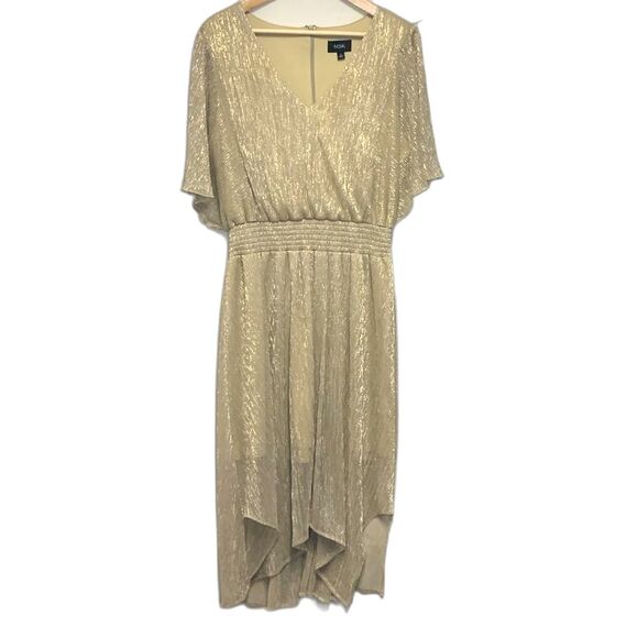 MSK Gold Metallic V-Neck Flutter Sleeve Handkerchief Hem Midi Dress Size XL - Picture 2 of 15